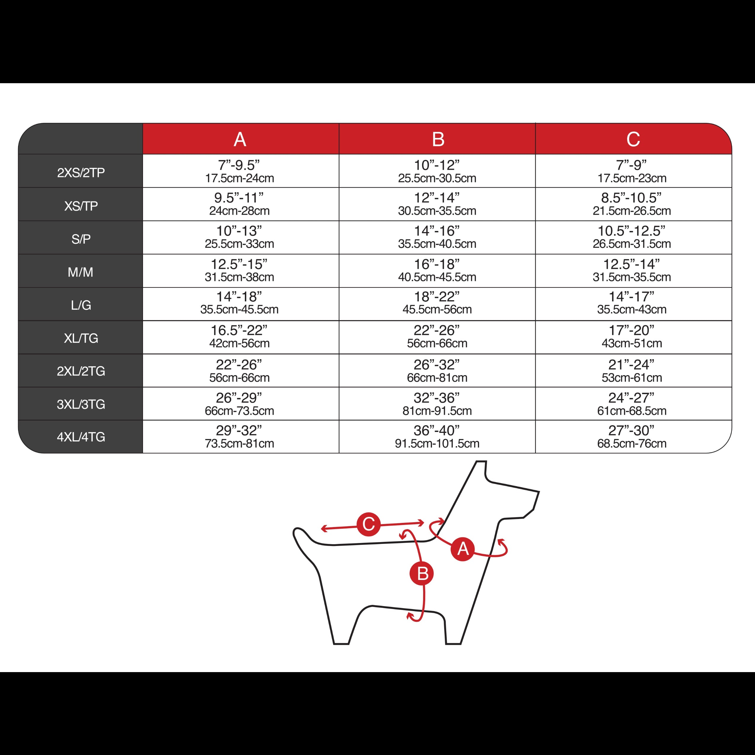 Dog coat size chart with measurements in centimeters