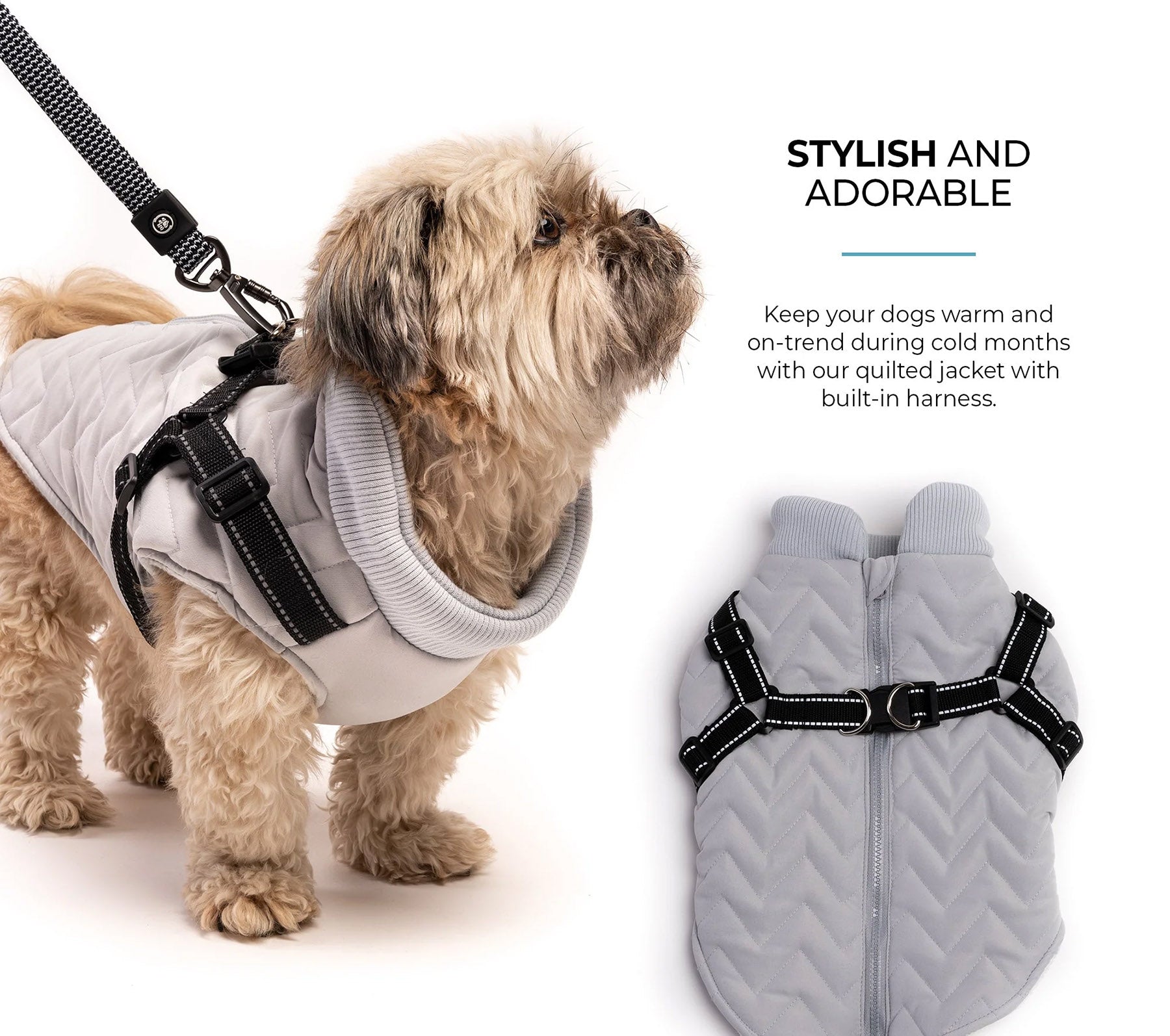 Quilted Dog Jacket With Built In Harness Grey Silver Paw