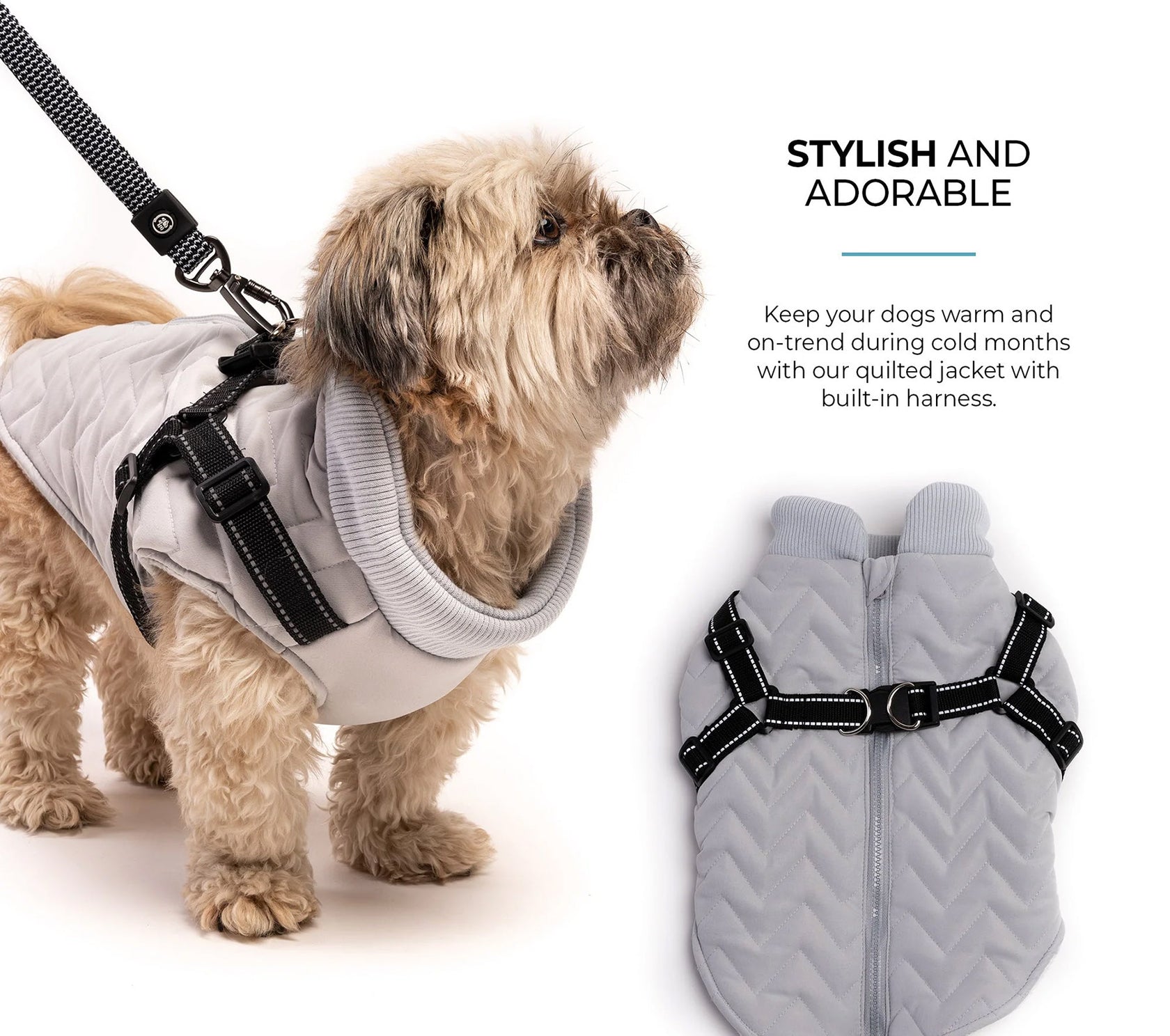 Quilted Dog Jacket With BuiltIn Harness Grey Silver Paw