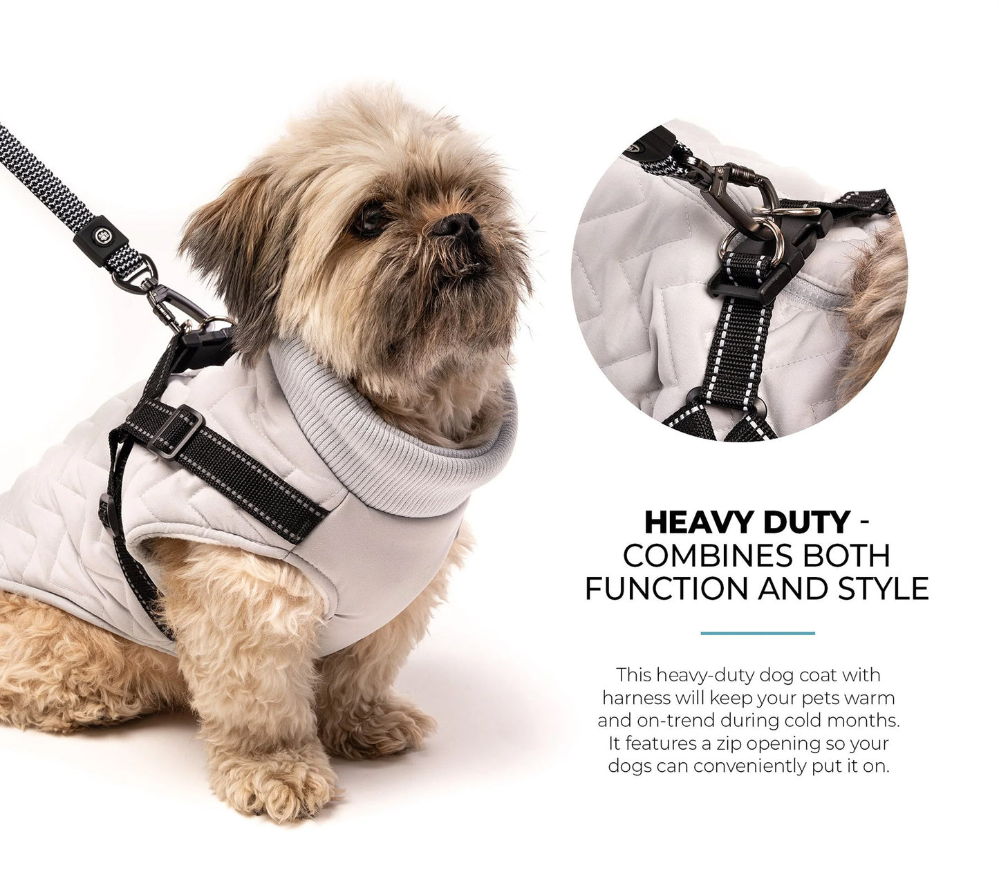 Quilted Dog Jacket With Built-In Harness - Grey