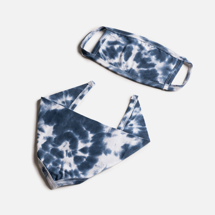 Matching Human & Dog Bandana & Face Mask Bundle - Tie Dye Navy - Silver Paw