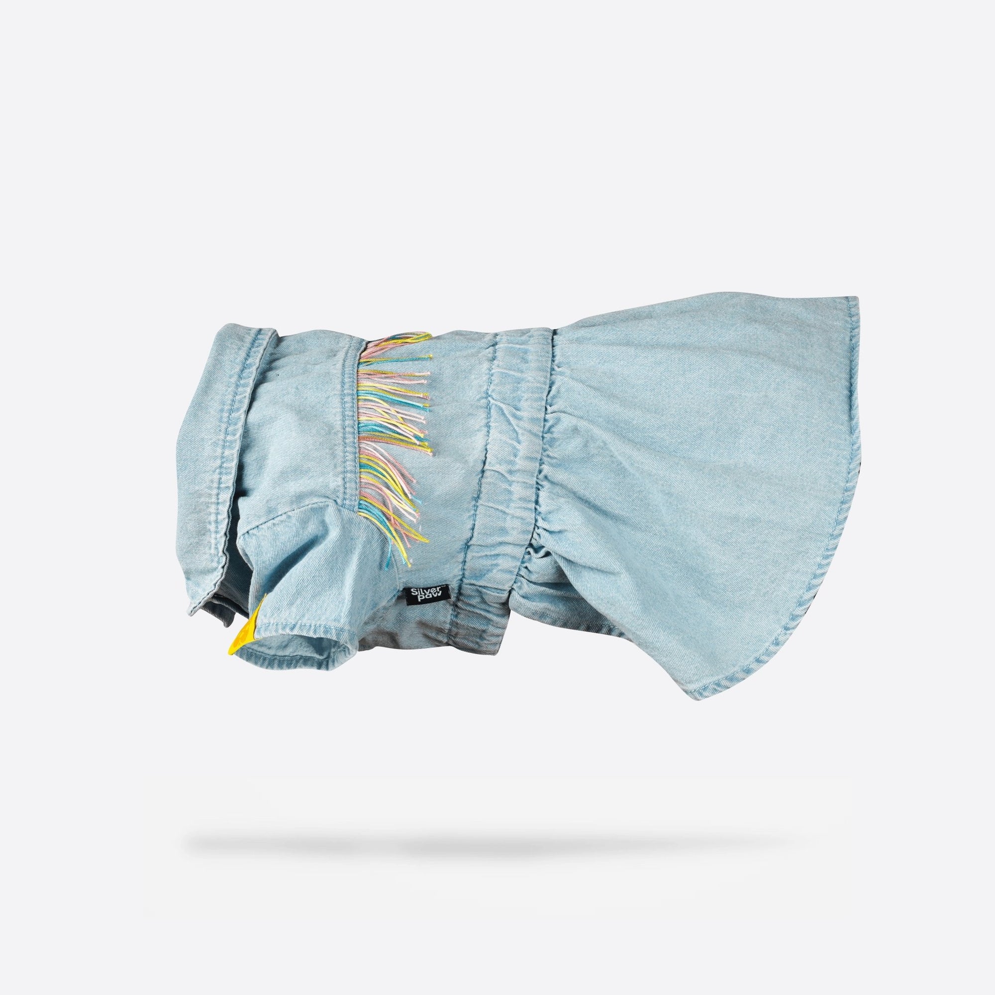 Ocean Denim Dog Dress  Chic Festival-Ready Outfit with Rainbow Fringe & Leash Opening