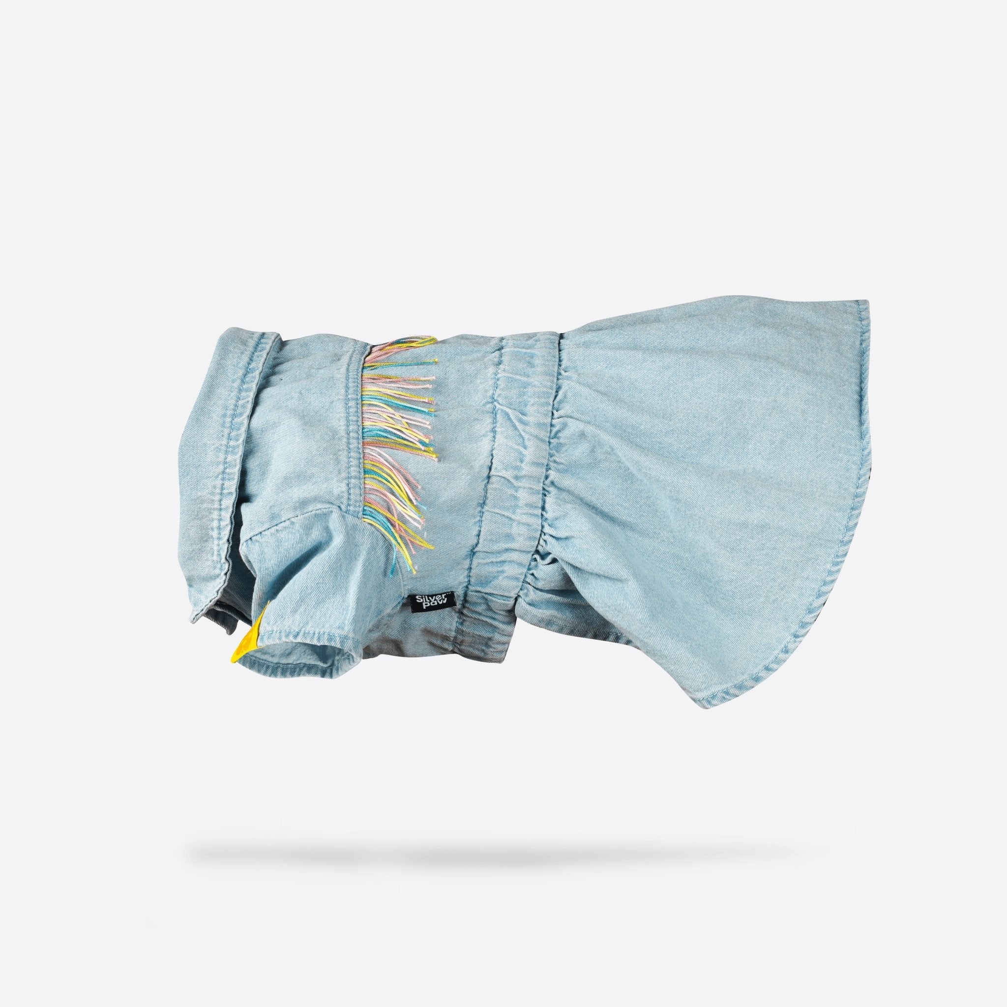 Ocean Denim Dog Dress  Chic Festival-Ready Outfit with Rainbow Fringe & Leash Opening