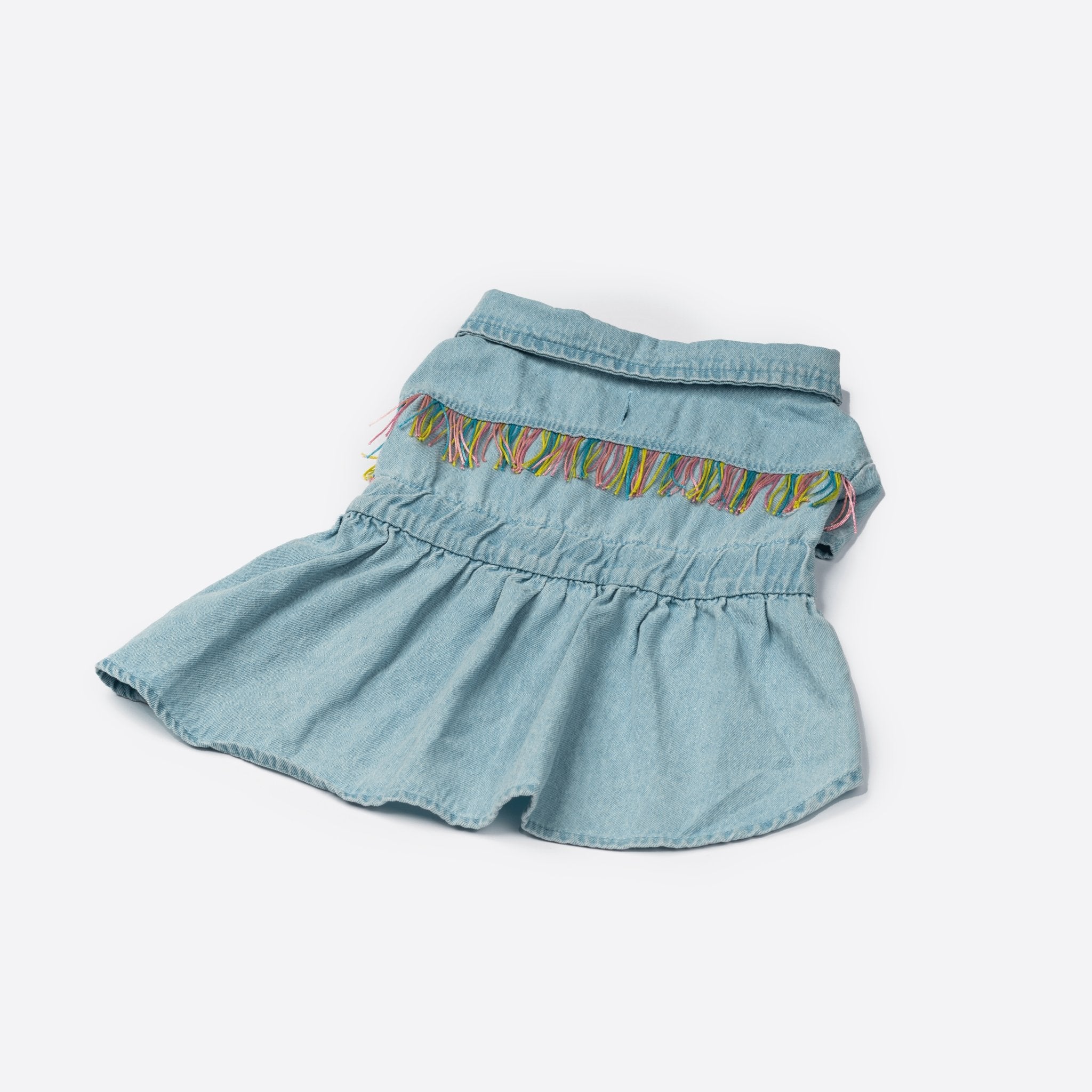 Ocean Denim Dog Dress  Chic Festival-Ready Outfit with Rainbow Fringe & Leash Opening