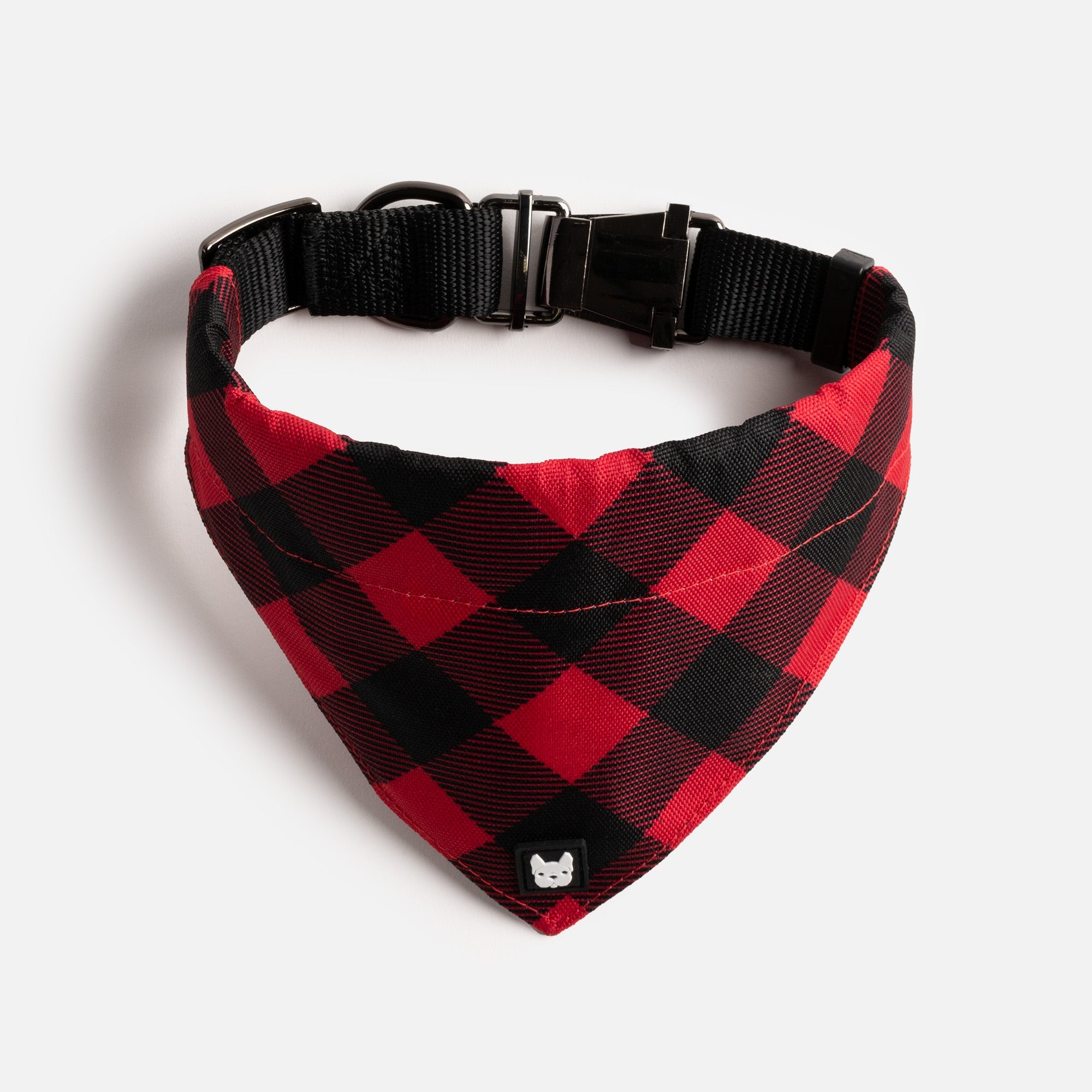 Poplin Bandana Dog Collar Red Plaid Silver Paw