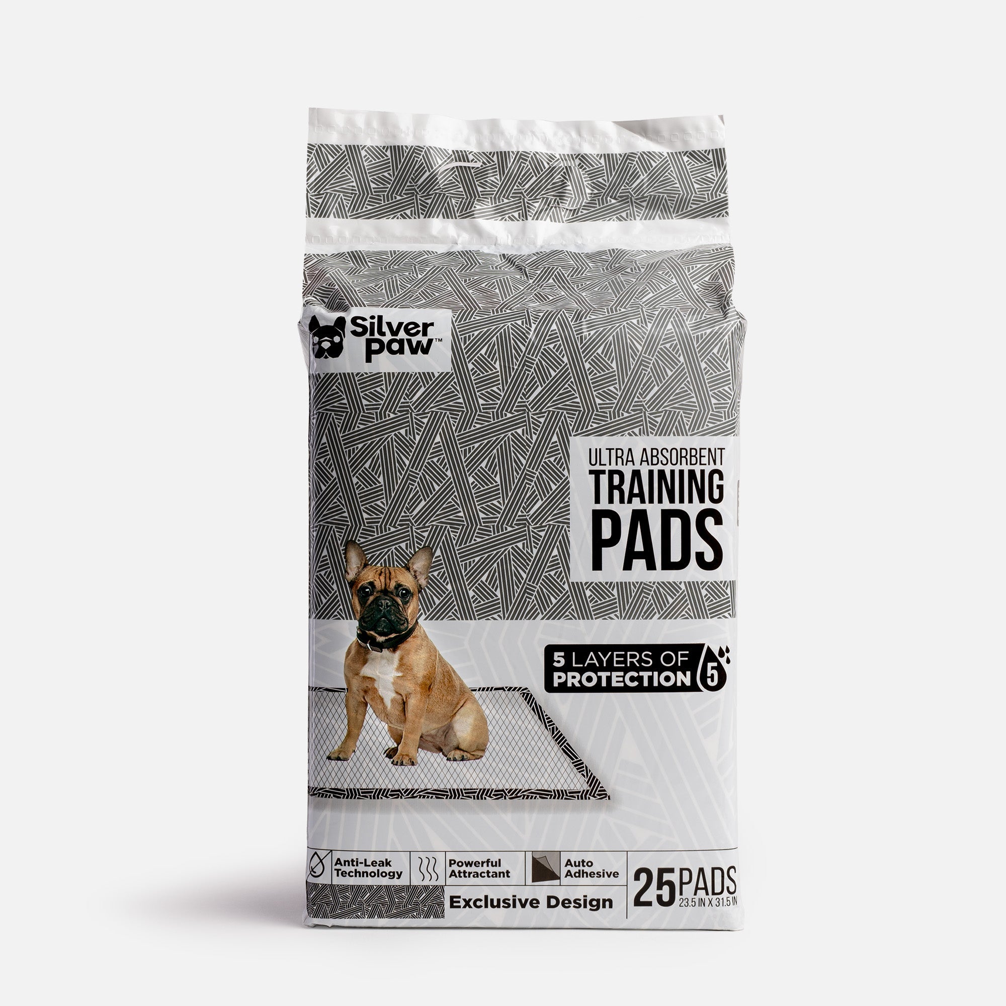 Printed Dog Training Pads Black White 25 ct Silver Paw