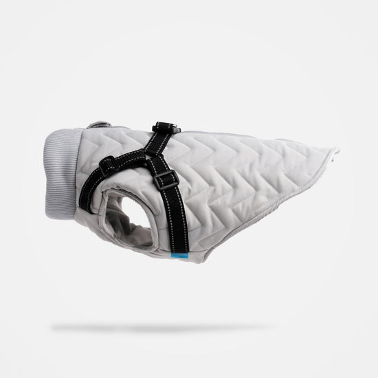 Quilted Dog Jacket With BuiltIn Harness Grey Silver Paw