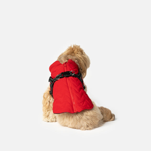 Quilted Dog Jacket With BuiltIn Harness Red Silver Paw