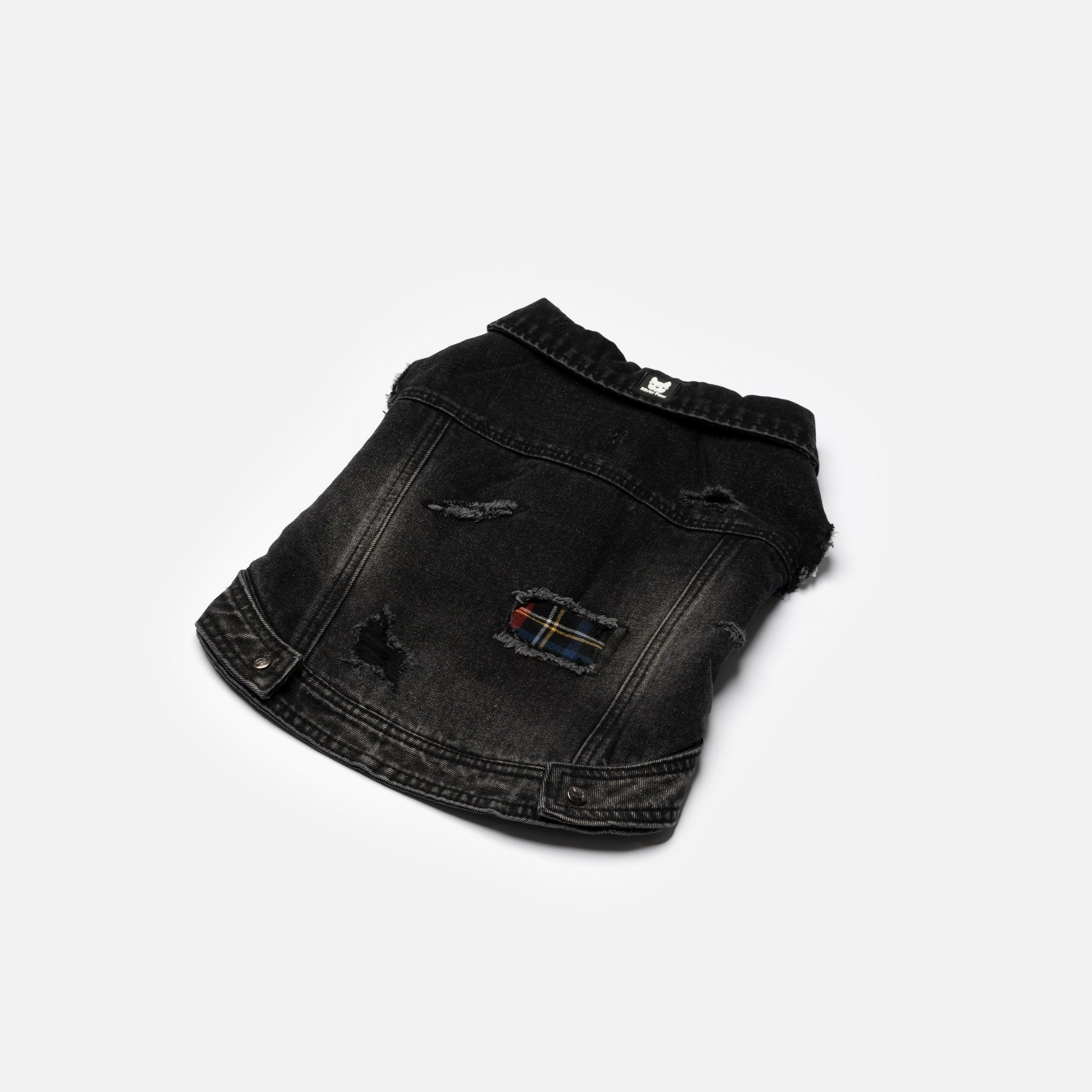 Spencer Dog Jacket  Distressed Denim with Sherpa Lining & Matte Snaps