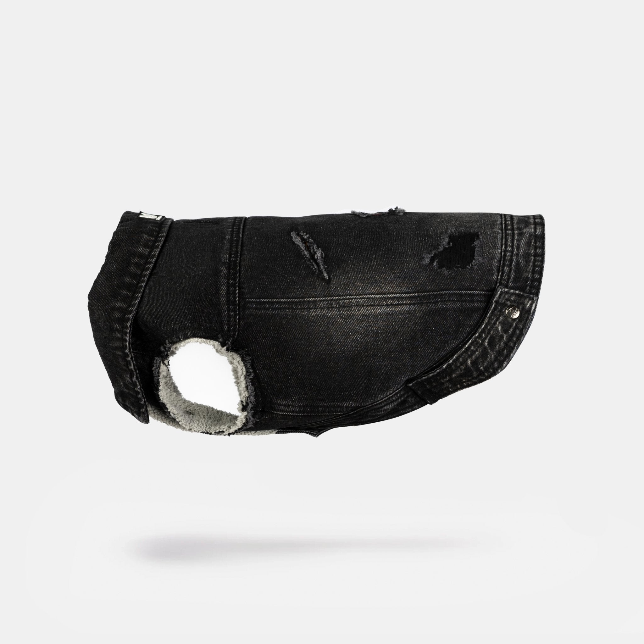 Spencer Dog Jacket  Distressed Denim with Sherpa Lining & Matte Snaps